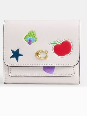Coach Cream Chalk Mila Flap Leather Wallet with Colorful Sticker Motifs NEW